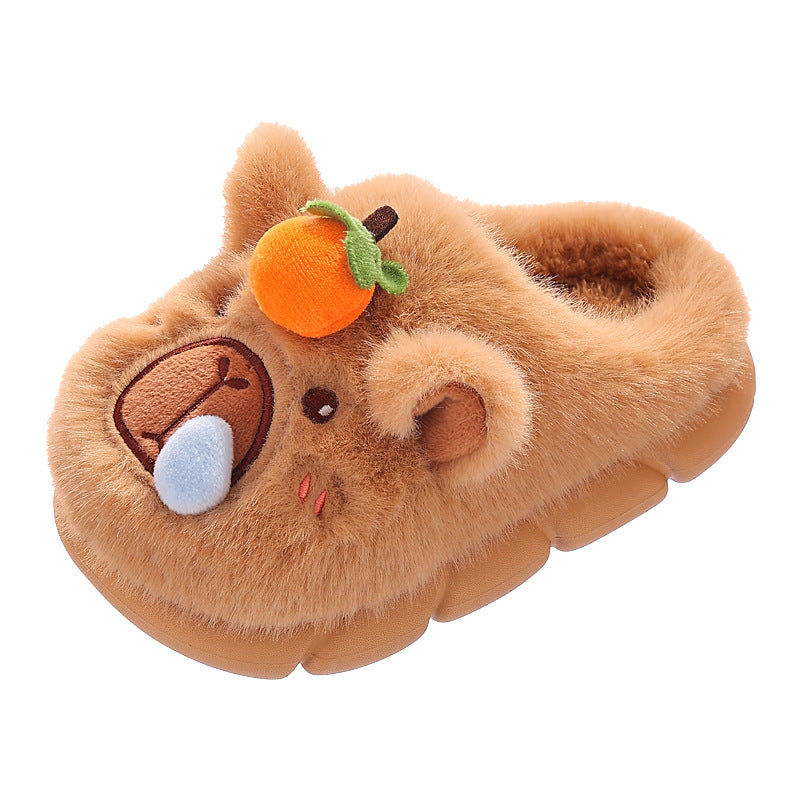 Cute fuzzy bear slippers for kids with orange accent, cozy indoor footwear