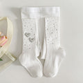 White kids' socks with rhinestone hearts and dots, soft ribbed knit for comfort and style