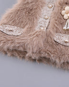Conjunto niña 3 piezas invierno chaleco de piel, camiseta térmica y falda tweed ,Ideal para clima otoñal en España