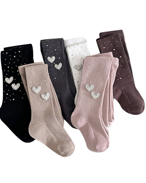 Girls' knee-high socks with rhinestone hearts in black, beige, white, pink, brown — soft, cozy, stylish for kids