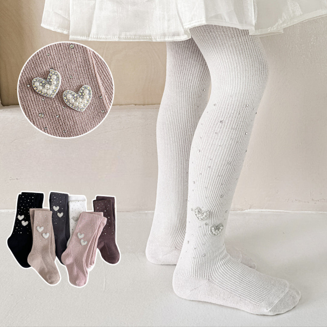 White ribbed baby tights with pearl heart embellishments, cozy kids leggings for girls, soft cotton blend