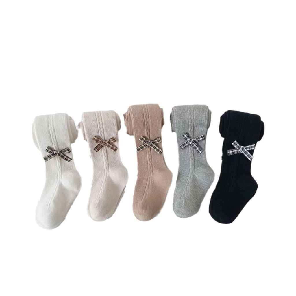 Cable knit baby tights with plaid bow, soft infant legwear in white, beige, gray, black