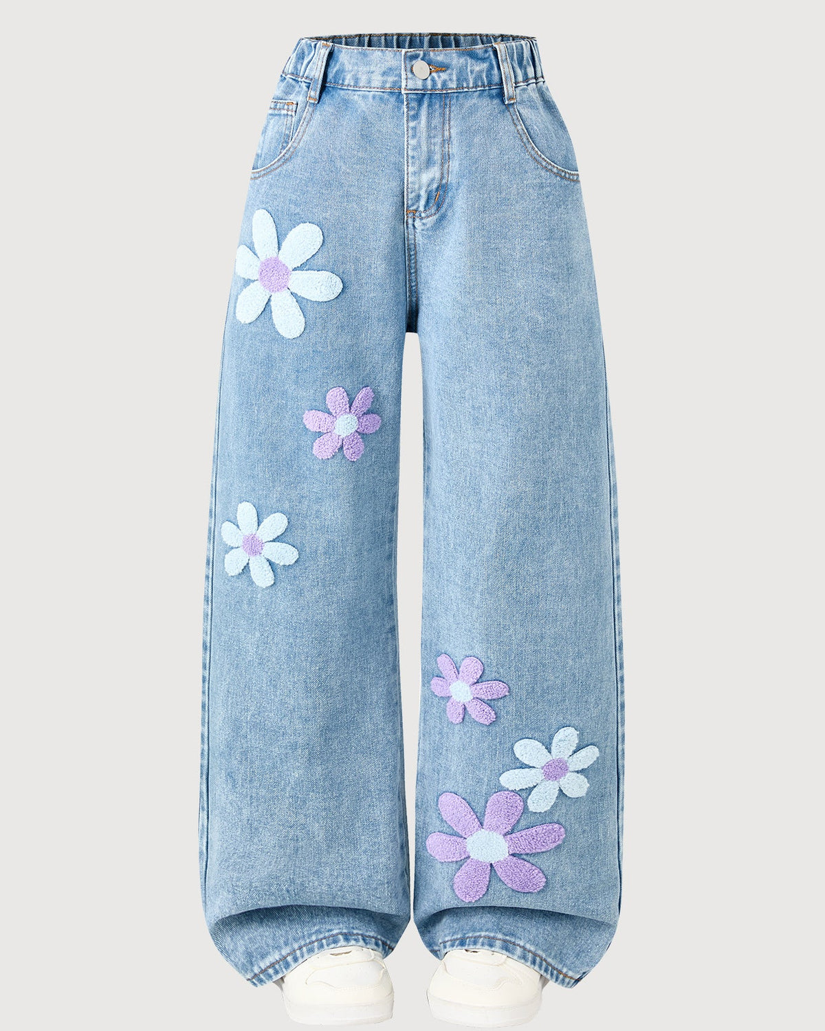 Jeans de Niña de Pierna Ancha con Flores Bordadas Cómodos,