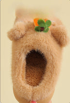 Soft fuzzy baby slippers with cute bear ears and flower detail, cozy infant footwear