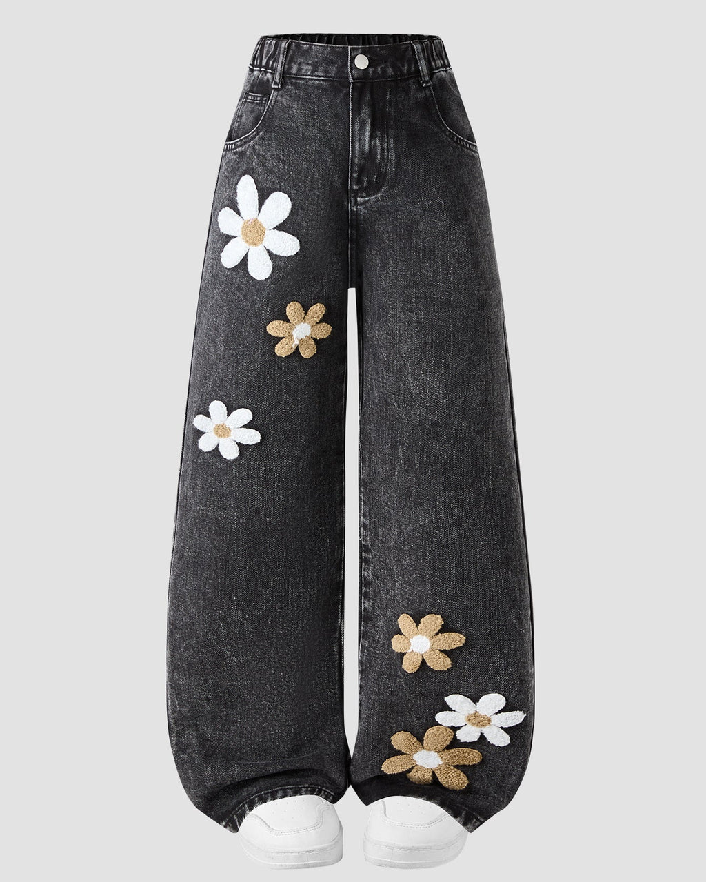 Jeans de Niña de Pierna Ancha con Flores Bordadas Cómodos,