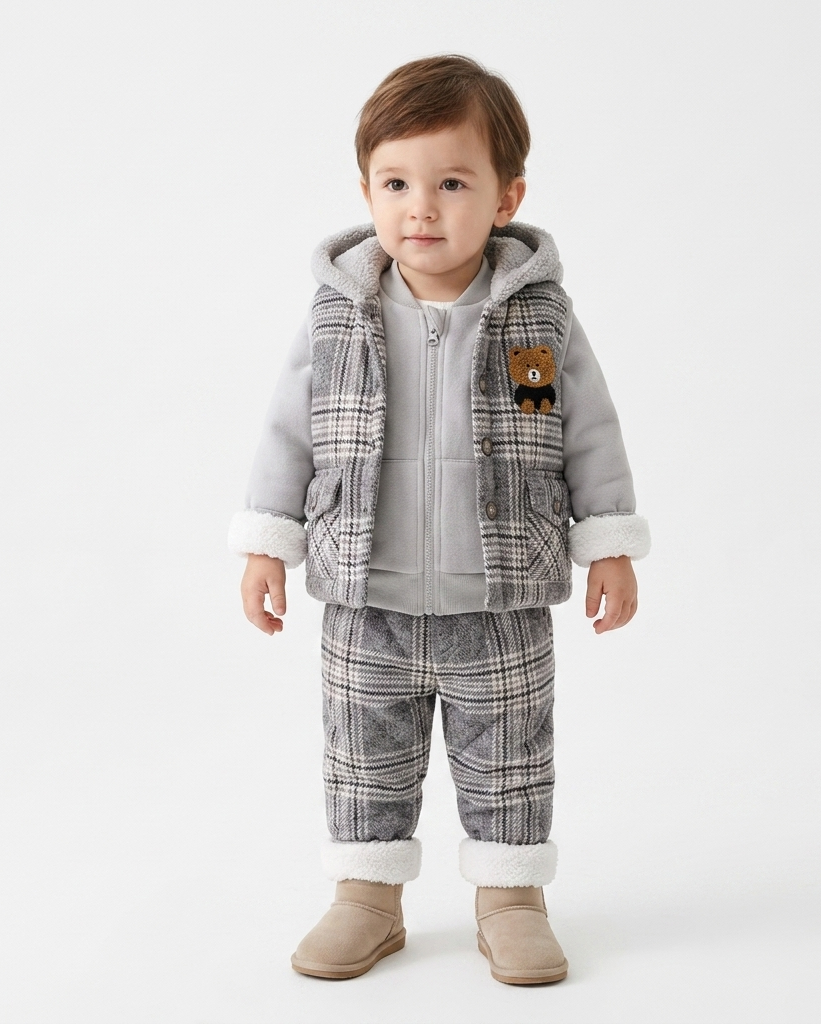 Conjunto bebé invierno 3 piezas chaqueta pantalón sudadera acolchada vista frontal