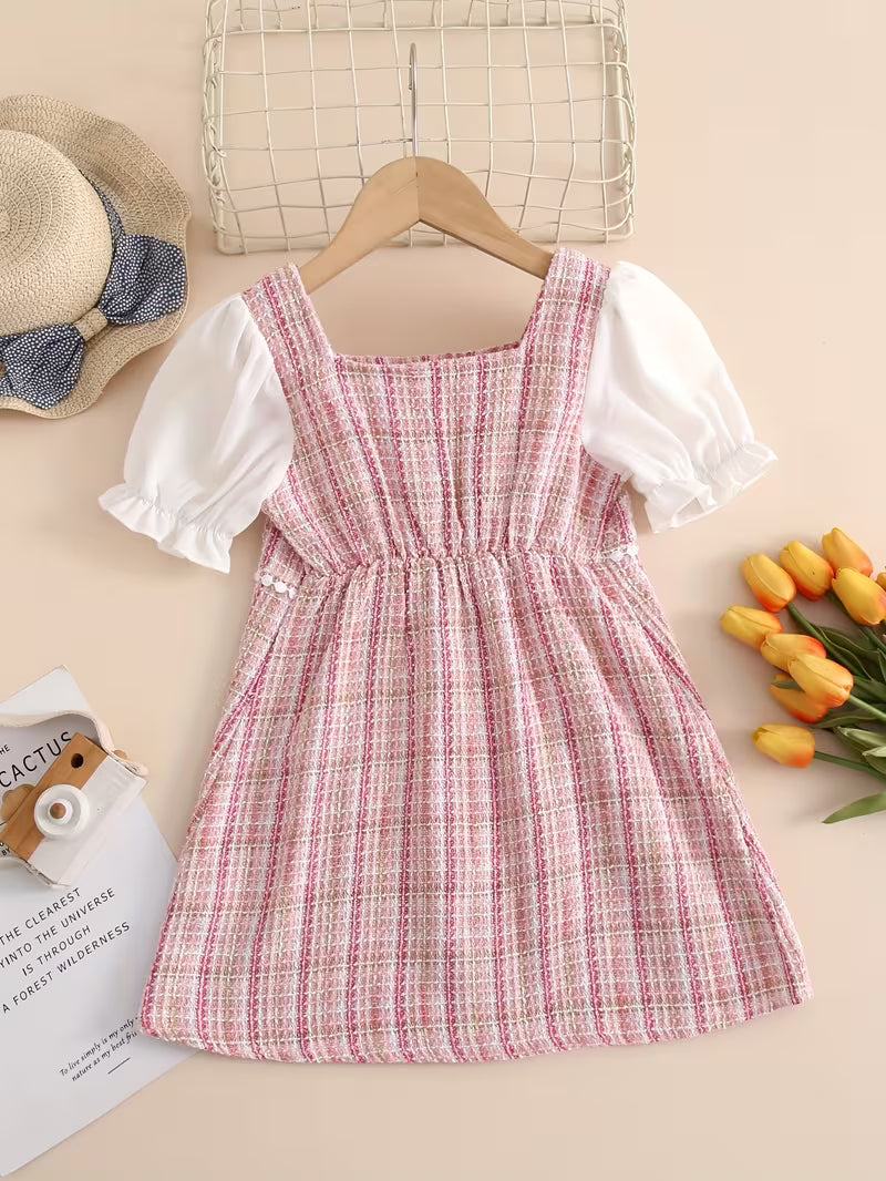 Vestido clásico para niña con mangas abullonadas y bolsillos