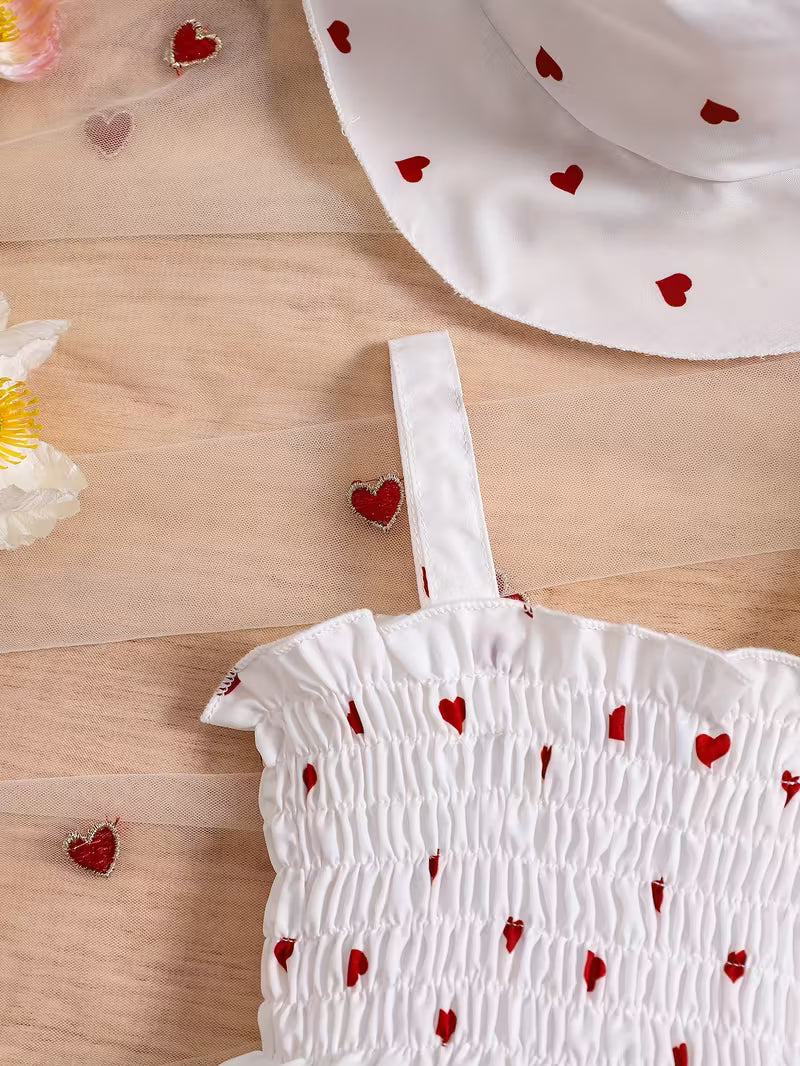 Conjunto de verano para niña con vestido de corazones y sombrero