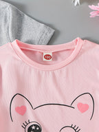Conjunto de Camiseta y Pantalón Corto con Diseño de Gatito para Niñas