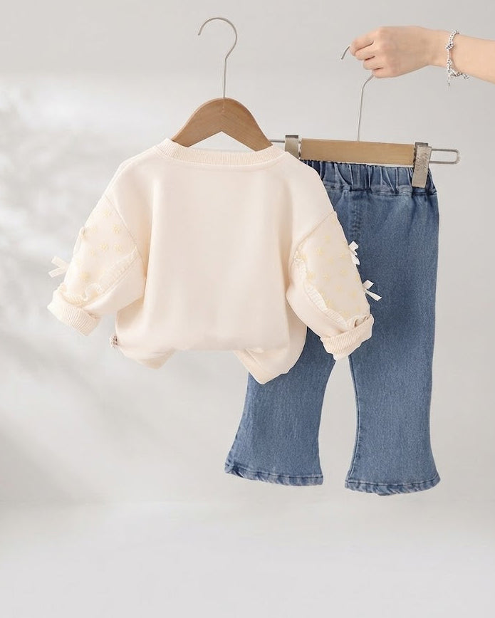 Conjunto Infantil para Niña con Sudadera Bordada y Pantalón Vaquero Moda Cómoda y Elegante