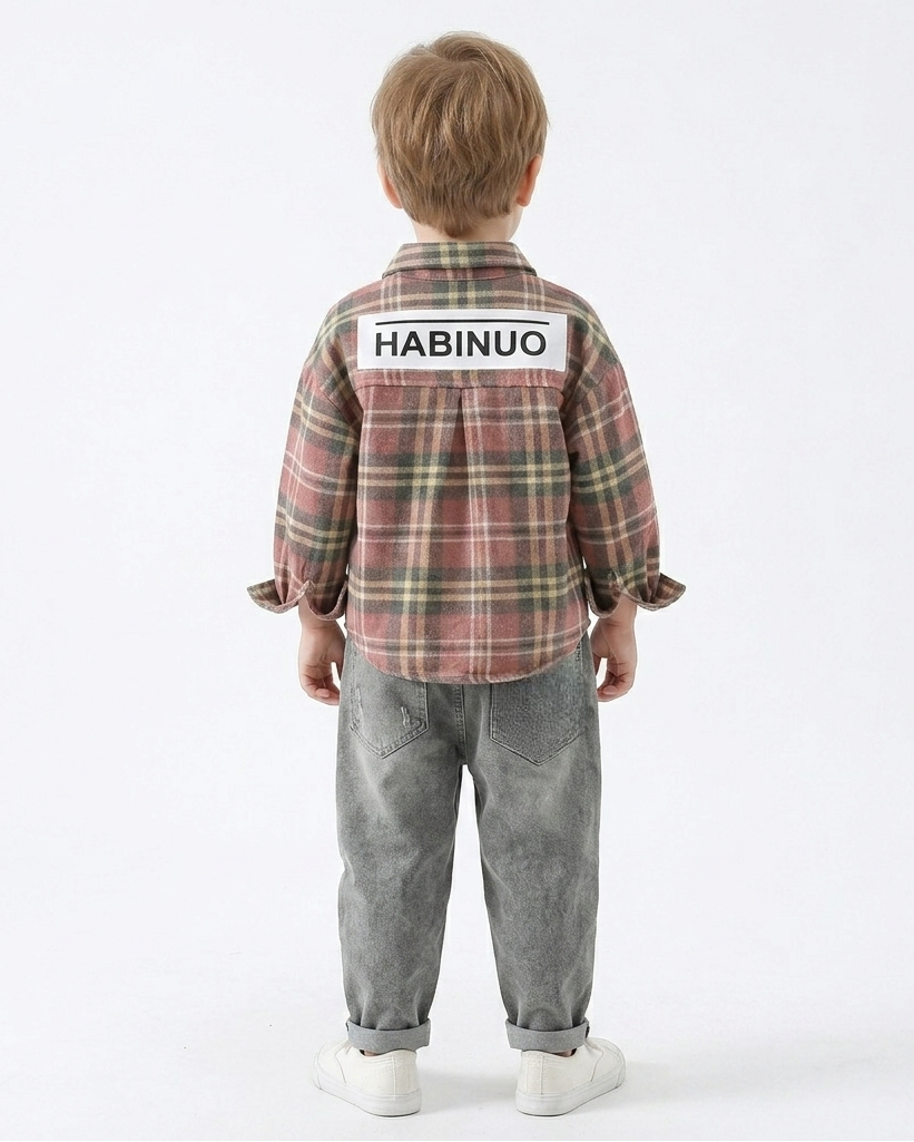 Conjunto niño cuadros elegante de dos piezas con camisa de cuadros y pantalón denim  niño cuadros en España
