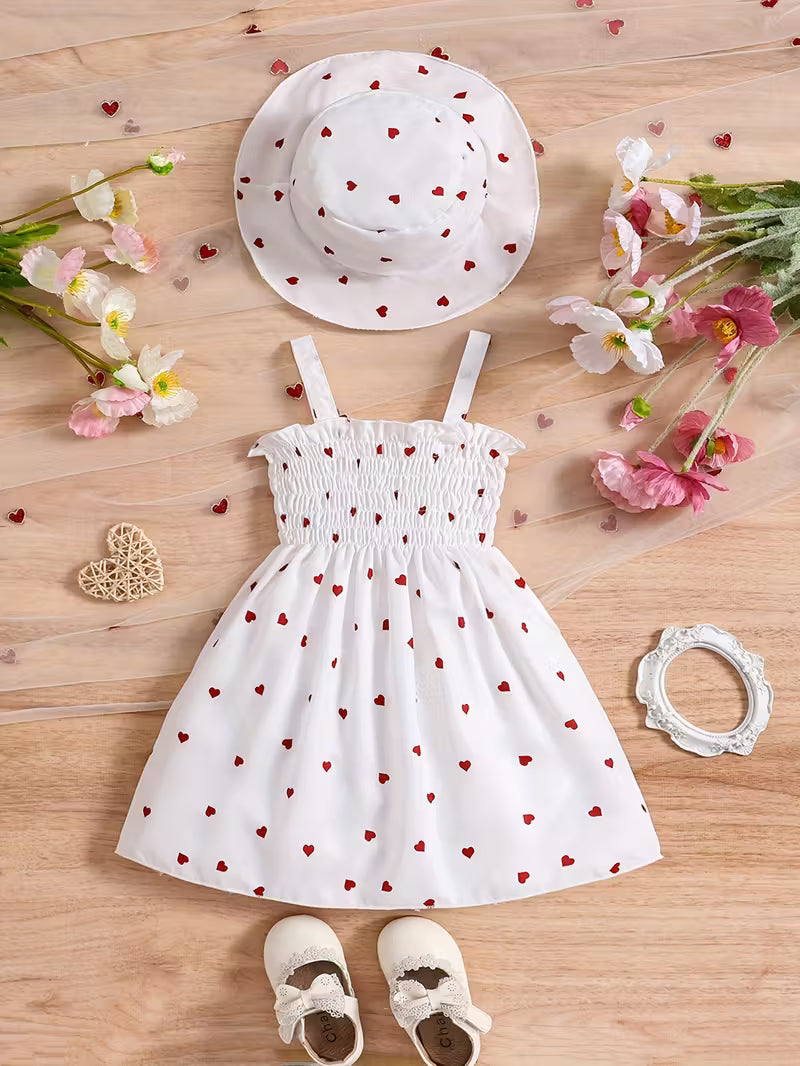 Conjunto de verano para niña con vestido de corazones y sombrero