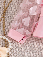 Conjunto infantil de 3 piezas en color lila claro: blusa de mangas transparentes y pantalón ancho 💜✨