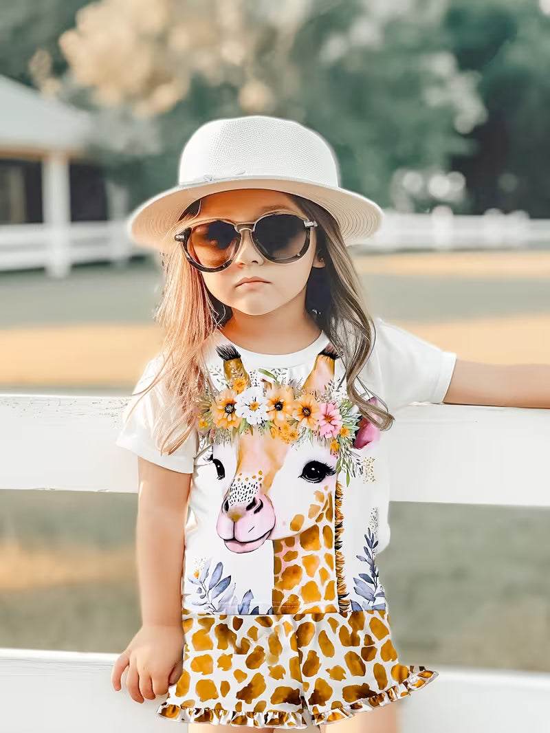 Conjunto casual para niña con camiseta y pantalón corto de jirafa