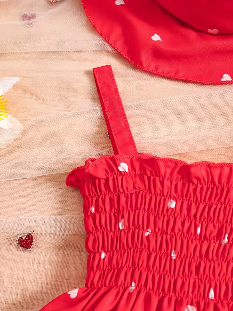 Conjunto de verano para niña con vestido de corazones y sombrero
