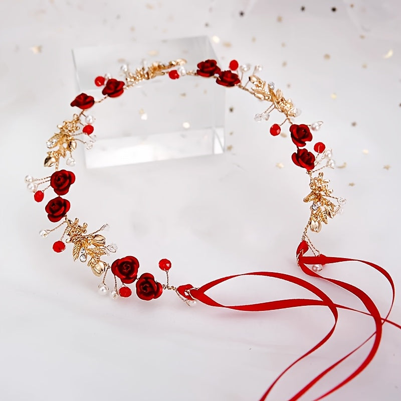 Diadema para el cabello con diseño de flores y perlas