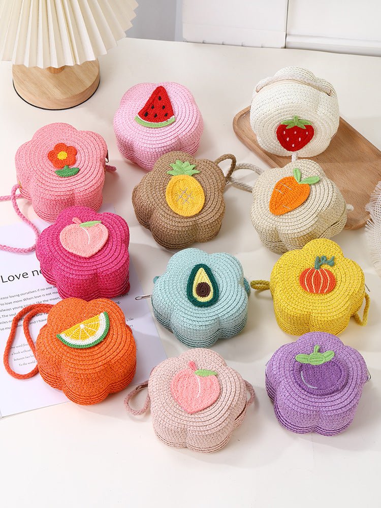 Bolso de mano con forma de flor, bordado con frutas, diseño de crochet colorido y asa de hombro veraniega para niñas