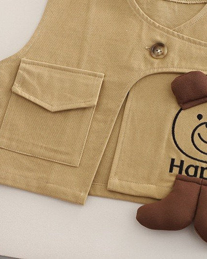 Conjunto bebé 3 piezas algodón con chaleco y osito desmontable, Ideal para primavera en España