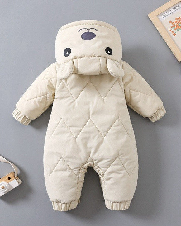 Mono Acolchado de Invierno para Bebé con Capucha de Osito Suave, Cálido y Cómodo