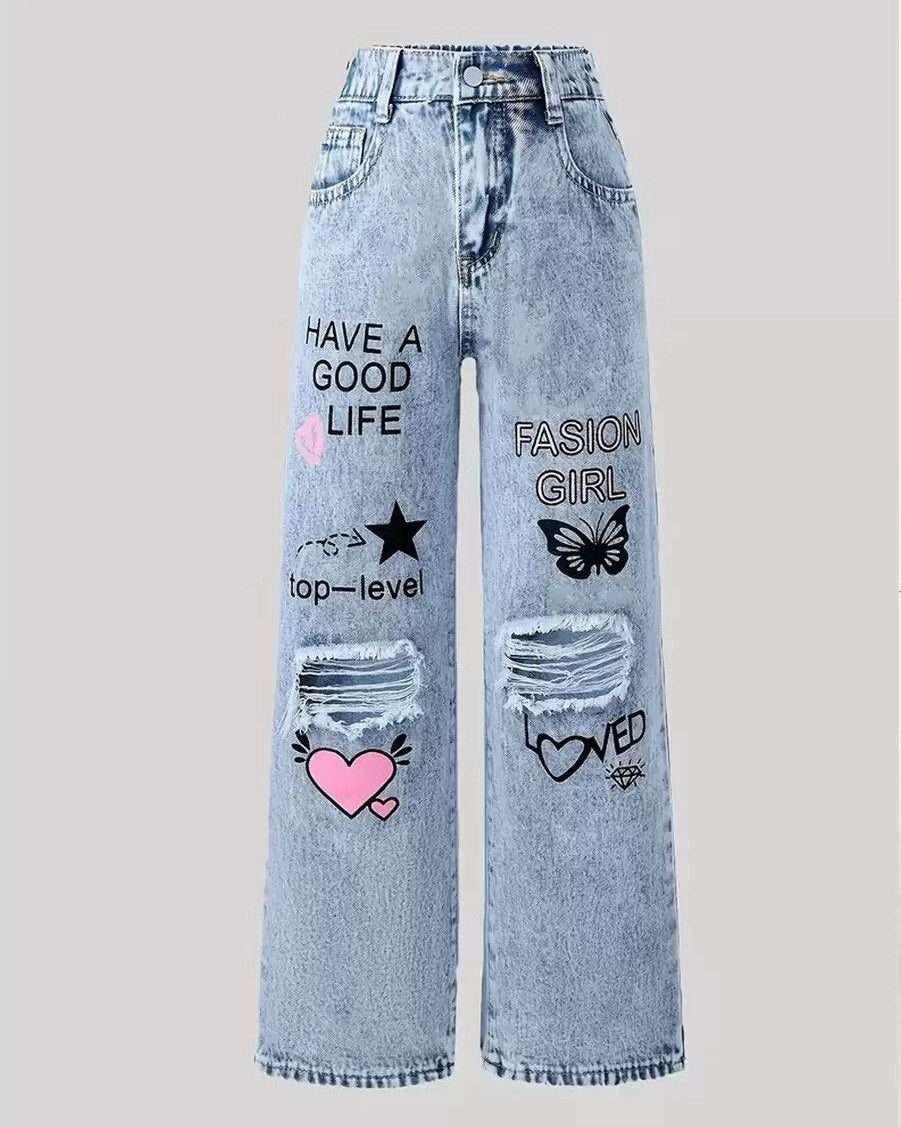 Jeans Wide Leg para Niña con Estampados Fashion