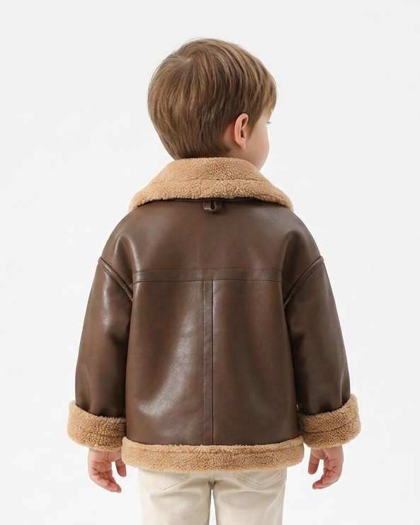 Chaqueta de invierno niño y niña estilo cuero con forro sherpa cálido vista trasera