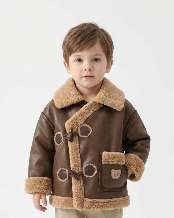Chaqueta de invierno niño y niña estilo cuero con forro sherpa cálido vista frontal