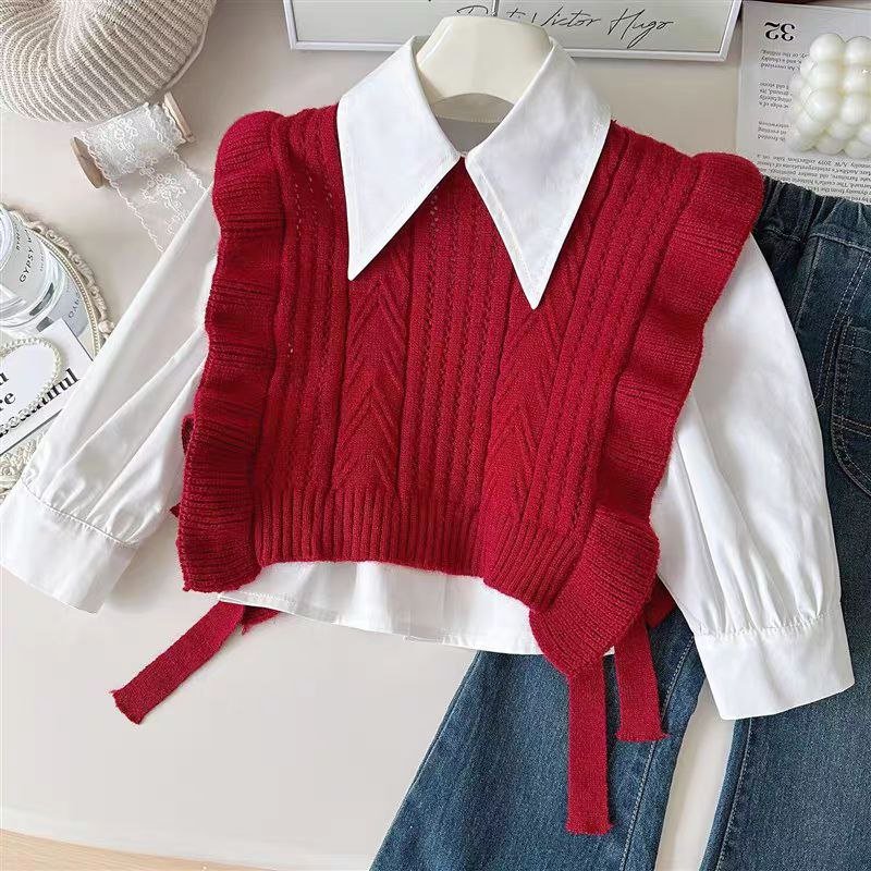 Conjunto cálido de 3 piezas para niñas con cuello ancho y chaqueta de felpa