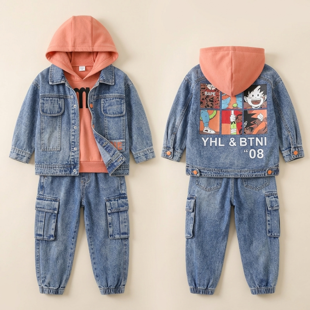 Conjunto de 3 piezas: chaqueta vaquera, pantalones vaqueros y camiseta interior.