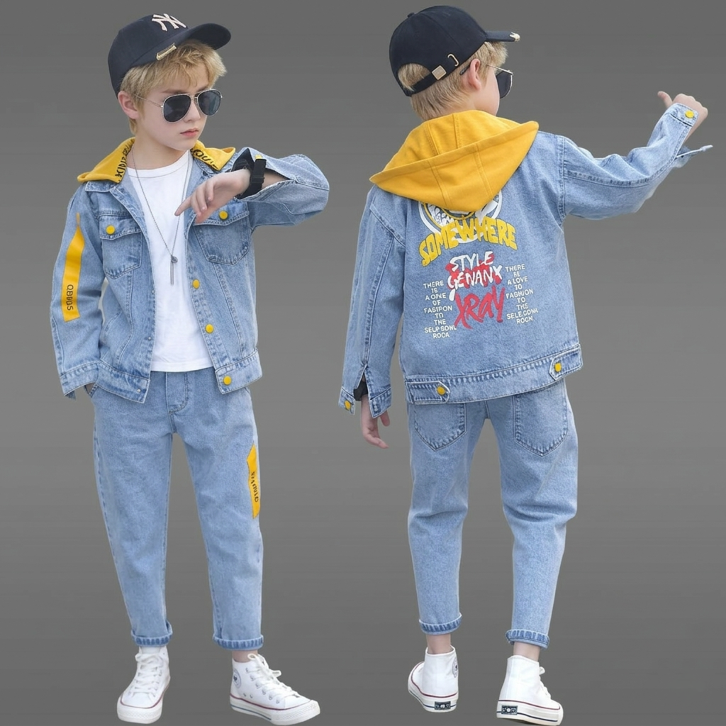 Conjunto de 3 piezas: chaqueta vaquera, sudadera interior con capucha y pantalón vaquero