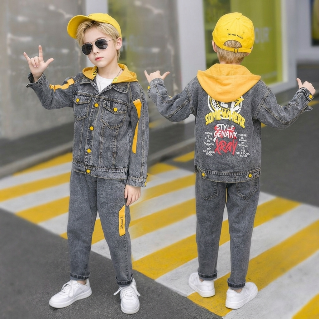 Conjunto de 3 piezas: chaqueta vaquera, sudadera interior con capucha y pantalón vaquero