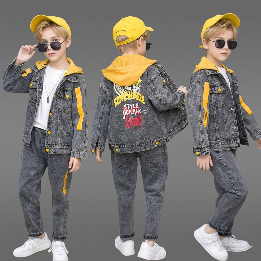 Conjunto de 3 piezas: chaqueta vaquera, sudadera interior con capucha y pantalón vaquero